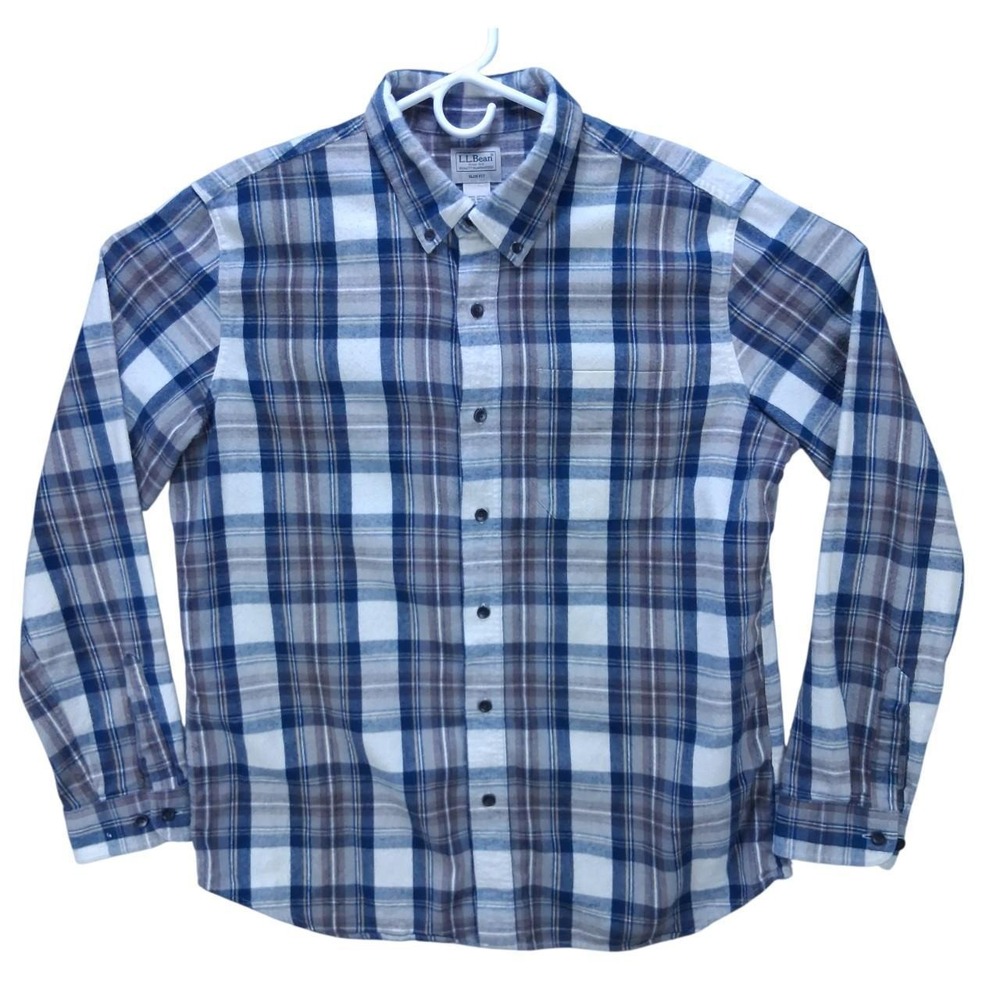 LL Bean Mens XL Slim Fit Plaid Flannel Button Up Shirt Navy Blue 510590